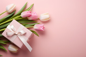 Pink Tulips and Gift Box on Pink Background