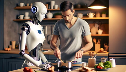man with humanoid robot woman cook in the kitchen - obrazy, fototapety, plakaty