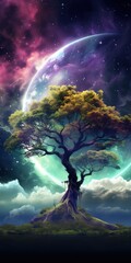 A tree on an alien planet under a mesmerizing, colorful night sky adorned with clouds, aurora lights, nebula, and stars.