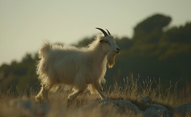 Obraz premium AI generated illustration of a lively goat dashing across a lush hillside