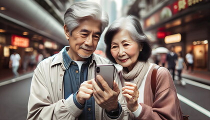 asian senior couple use mobile phone on city street