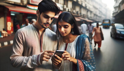 arabian young couple use mobile phone on city street
