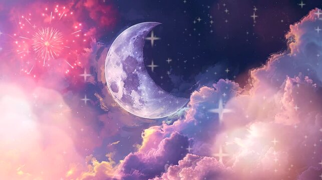 Crescent moon with cloud, islamic concept. Background animation