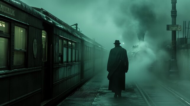 A man in a hat and coat standing next to train, AI