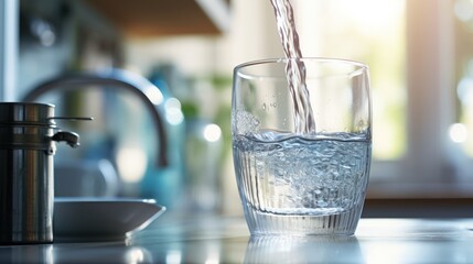 A glass cup being filled with clean water from a tap in the kitchen. - obrazy, fototapety, plakaty