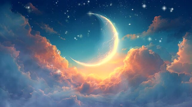 Crescent moon with cloud, islamic concept. Background animation