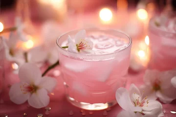 Fotobehang Cherry Blossom Bliss: Sakura-inspired cocktail in a delicate glass. © OhmArt