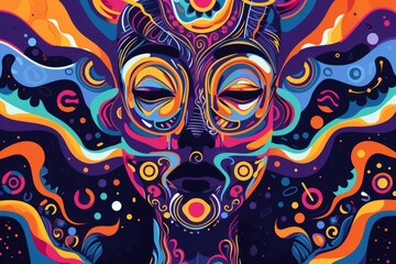 A psychedelic illustration of a mind in meditation, with vivid colors and patterns representing inner exploration