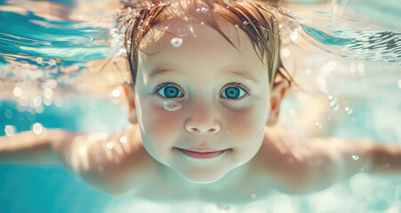 Fototapeta na wymiar a beautiful kid swimming under water on a pool