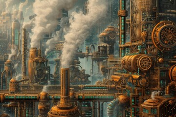 A steampunk-inspired illustration showing a city powered by steam and renewable energy, with intricate gears and pipes - obrazy, fototapety, plakaty