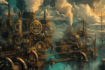 A steampunk-inspired illustration showing a city powered by steam and renewable energy, with intricate gears and pipes