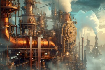 A steampunk-inspired illustration showing a city powered by steam and renewable energy, with intricate gears and pipes - obrazy, fototapety, plakaty