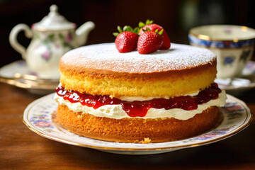 Obraz na płótnie Canvas British Victoria sponge cake with strawberry jam and whipped cream, on a lace tablecloth