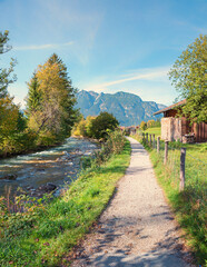 footpath along Partnach river, Garmisch-Partenkirchen. bavarian landscape in autumn