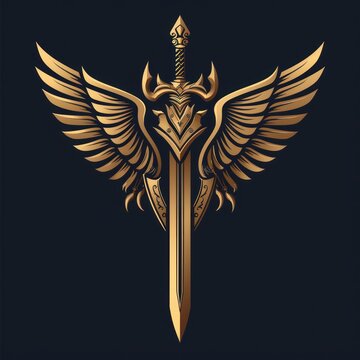 A golden sword with wings on black background