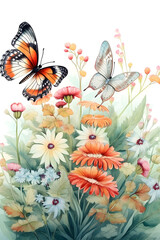 Watercolor image with beautiful butterflies on vintage botanical background