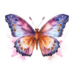 Watercolor painting illustration of a blue and purple butterfly on a white background. Designed.
