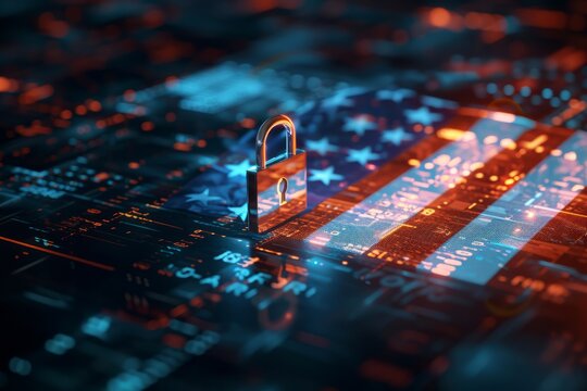 cybersecurity and national security concept with digital padlock and american flag, encrypted data protection, cyber defense technology