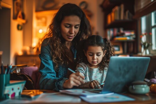 A biracial mother points at her laptop while helping her daughter write her homework