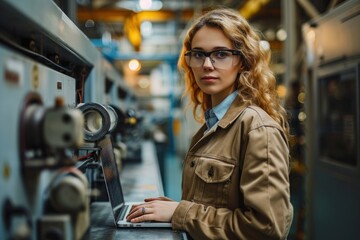 Fototapeta na wymiar Businesswoman in modern factory using laptop