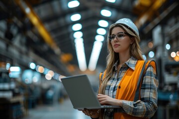 Fototapeta premium Businesswoman in modern factory using laptop