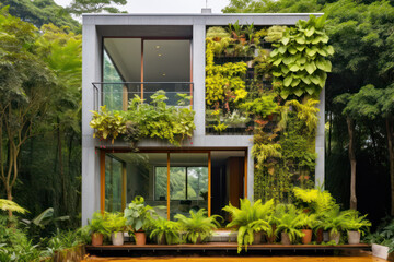 
Photo of a tiny house with a vertical garden wall, integrating greenery into small spaces