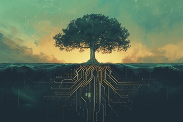 A surreal illustration of a tree with its roots forming an electrical circuit, symbolizing the connection between nature and technology