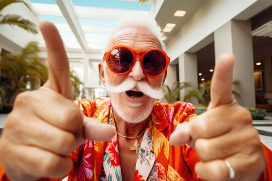 A trendy grandfather taking a duck-face selfie with peace signs, wearing oversized sunglasses and a hip outfit