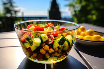 
Photo of a vegan chickpea salad with cucumbers, tomatoes, and olives, dressed in olive oil and lemon, in a glass bowl, on an outdoor table
