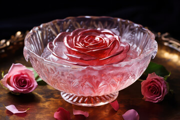 Photo of an elegant rose-flavored jelly, shaped like a rose, in a delicate crystal bowl, with rose petals around