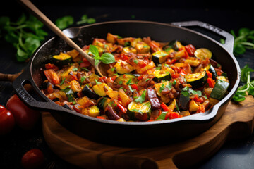 Vegan ratatouille, made with zucchini, eggplant, and bell peppers, in a cast iron skillet, with a wooden spoon