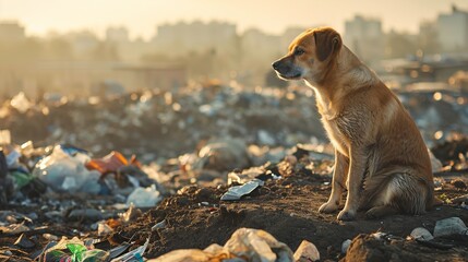 City Pollution Visualized: Stray Dog on Garbage Heap , Helpless And Hungary