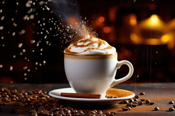 Cappuccino with the foam, sprinkles of cocoa, and coffee beans levitating, set against a café-style backdrop