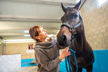 Woman holding a horse in a rehabilitation equestrian center