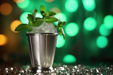 Minty Magic: Mint julep in a silver cup, with fresh mint leaves. - obrazy, fototapety, plakaty