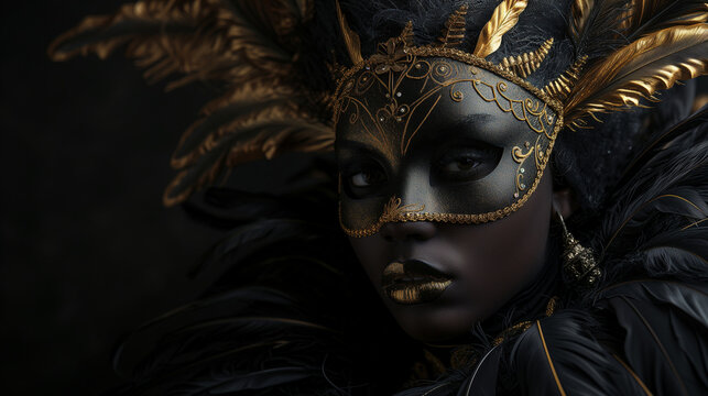 Beautiful girl with venetian black carnival costume and mask on a dark background.  Luxurious with gold details. Festival invitation
