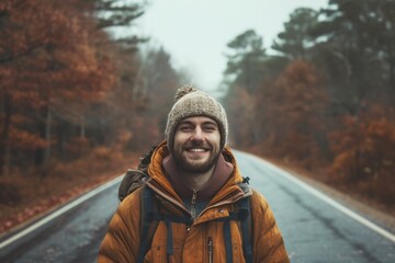 Happy man standing on road in front of trees