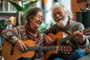 Portrait of an elderly couple enjoying playing the guitar in their own home. They have a smiling and happy face.