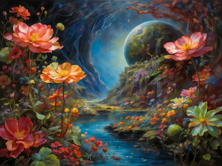 Fototapeta na wymiar A painting of a river running through a colorful, flower-filled canyon with a large planet in the background.