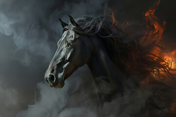 A majestic black horse gallops through a fiery sky, embodying strength and grace as a mythical dragon statue watches from the clouds