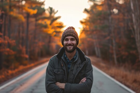 Happy man standing on road in front of trees
