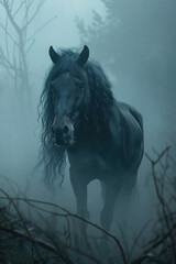 Obraz premium A majestic black horse emerges from the dense fog, its long hair flowing in the wind, a symbol of untamed beauty in the wild