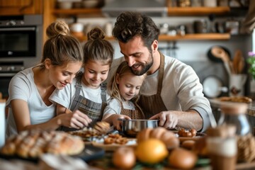 The Caucasian family Make breakfast with the air fryer together. At home, father, mother, daughter, and son cook together