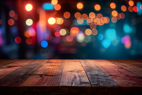 Wooden table with blurred bokeh background.