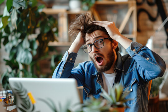 Young man working at the office wearing glasses crazy and scared with hands on head, afraid and surprised of shock with open mouth