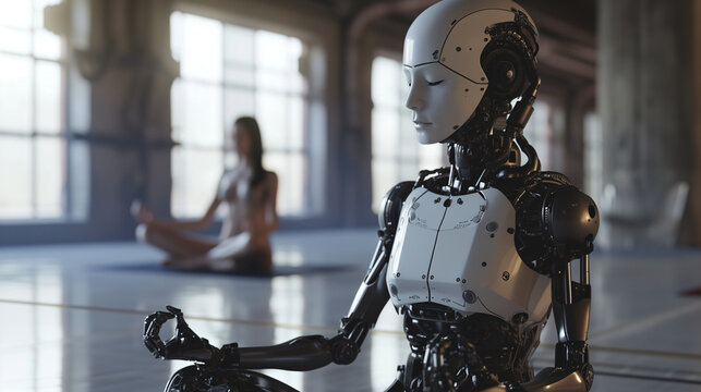 A robot finds inner peace in an indoor oasis, embodying the balance between strength and serenity in a stoic statue-like pose