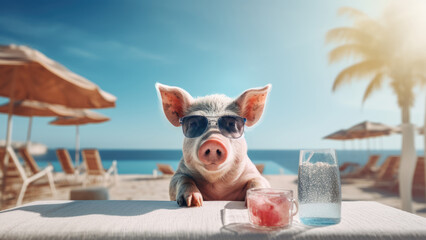Piggy Beach Bliss: A Picture of a Pig in Sunglasses Taking a Relaxing Break by the Sea