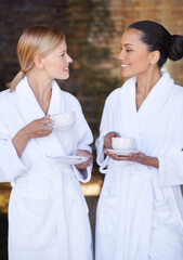Spa, friends and women drinking coffee for health, wellness and luxury skincare treatment for body....