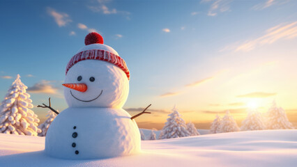Fototapeta premium Frosty Field Delight: A Cheerful Smiling Snowman Basks in Sunset Sunshine Against a Snow-Covered Landscape