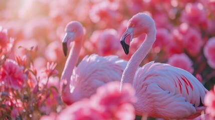 Two flamingos standing in a field of pink flowers, AI